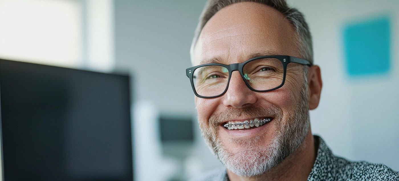 Man with glasses smiling after receiving adult orthodontics in San Ramon