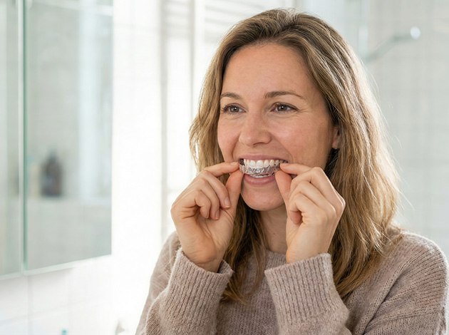 Woman inserting clear aligners